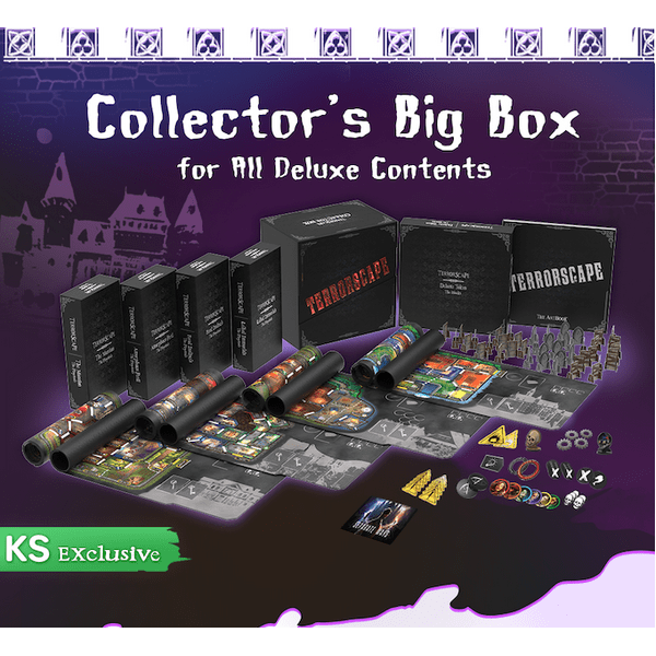ICE Makes' Terrorscape Collector’s Big Box (Deluxe content only) features boards, cards, tokens, miniatures, rolled posters, black boxes, and all deluxe components on a purple background labeled Collectors Big Box.
