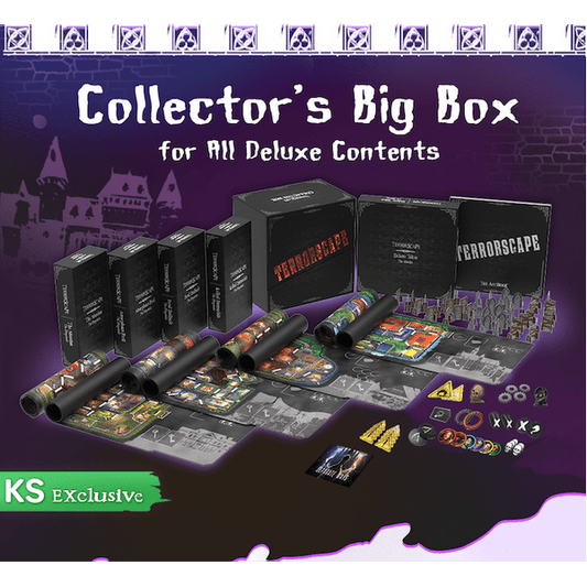 ICE Makes' Terrorscape Collector’s Big Box (Deluxe content only) features boards, cards, tokens, miniatures, rolled posters, black boxes, and all deluxe components on a purple background labeled Collectors Big Box.