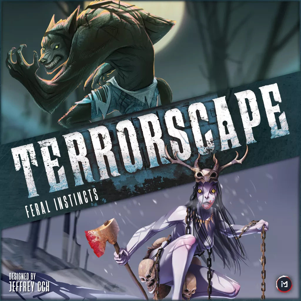 Board game cover for Terrorscape Bundle by ICE Makes, showing a snarling beast and a pale, antlered figure with axe and chain in a snowy, dark forest for this asymmetric horror game.