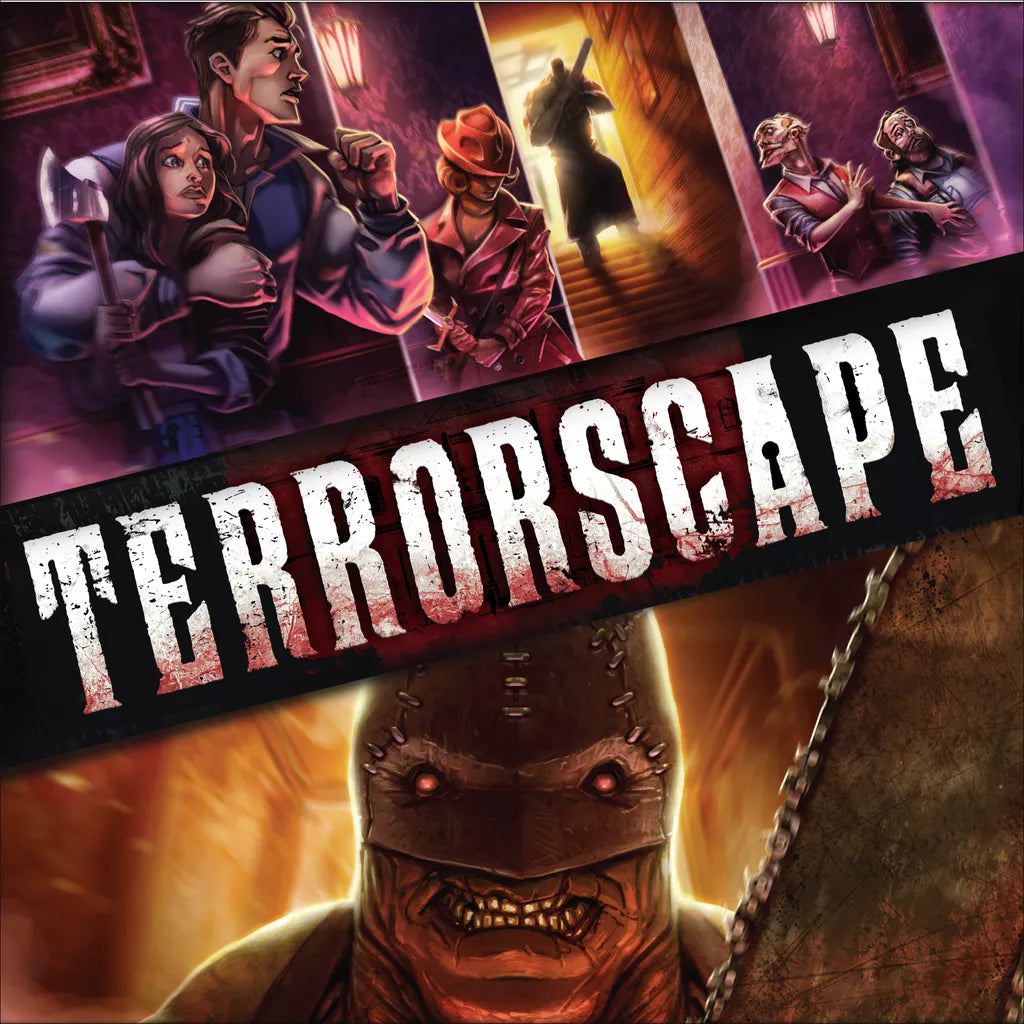 The illustrated cover for Terrorscape by ICE Makes shows terrified people hiding and fleeing from a menacing, masked figure with a stitched hood and chain weapon in a dark, ominous setting.