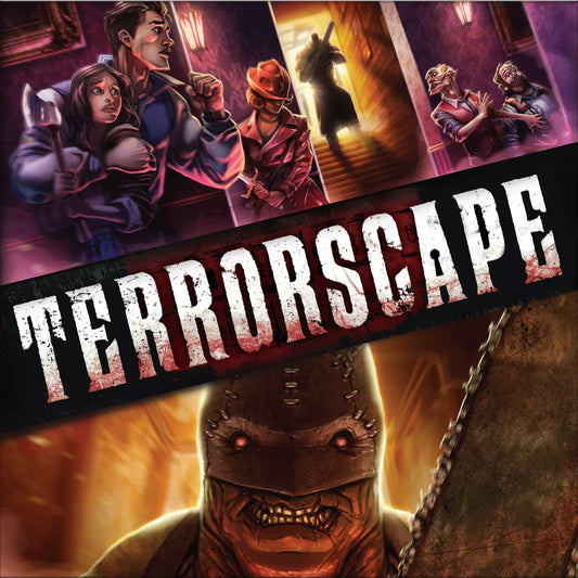 The illustrated cover for Terrorscape by ICE Makes shows terrified people hiding and fleeing from a menacing, masked figure with a stitched hood and chain weapon in a dark, ominous setting.