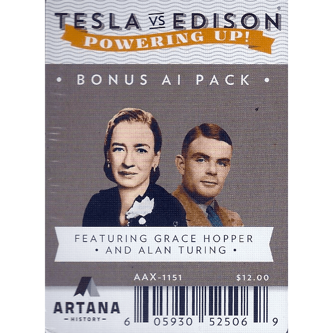 A card from Artana’s Tesla vs. Edison: Powering Up! – Bonus AI Pack Expansion features portraits of computer science pioneers Grace Hopper and Alan Turing, with price and barcode displayed at the bottom.