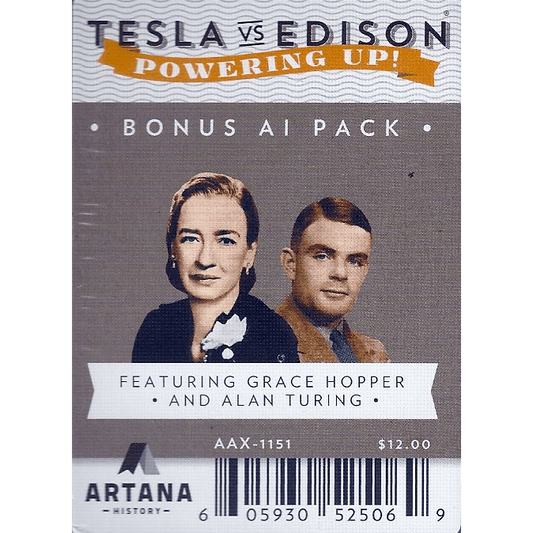 A card from Artana’s Tesla vs. Edison: Powering Up! – Bonus AI Pack Expansion features portraits of computer science pioneers Grace Hopper and Alan Turing, with price and barcode displayed at the bottom.