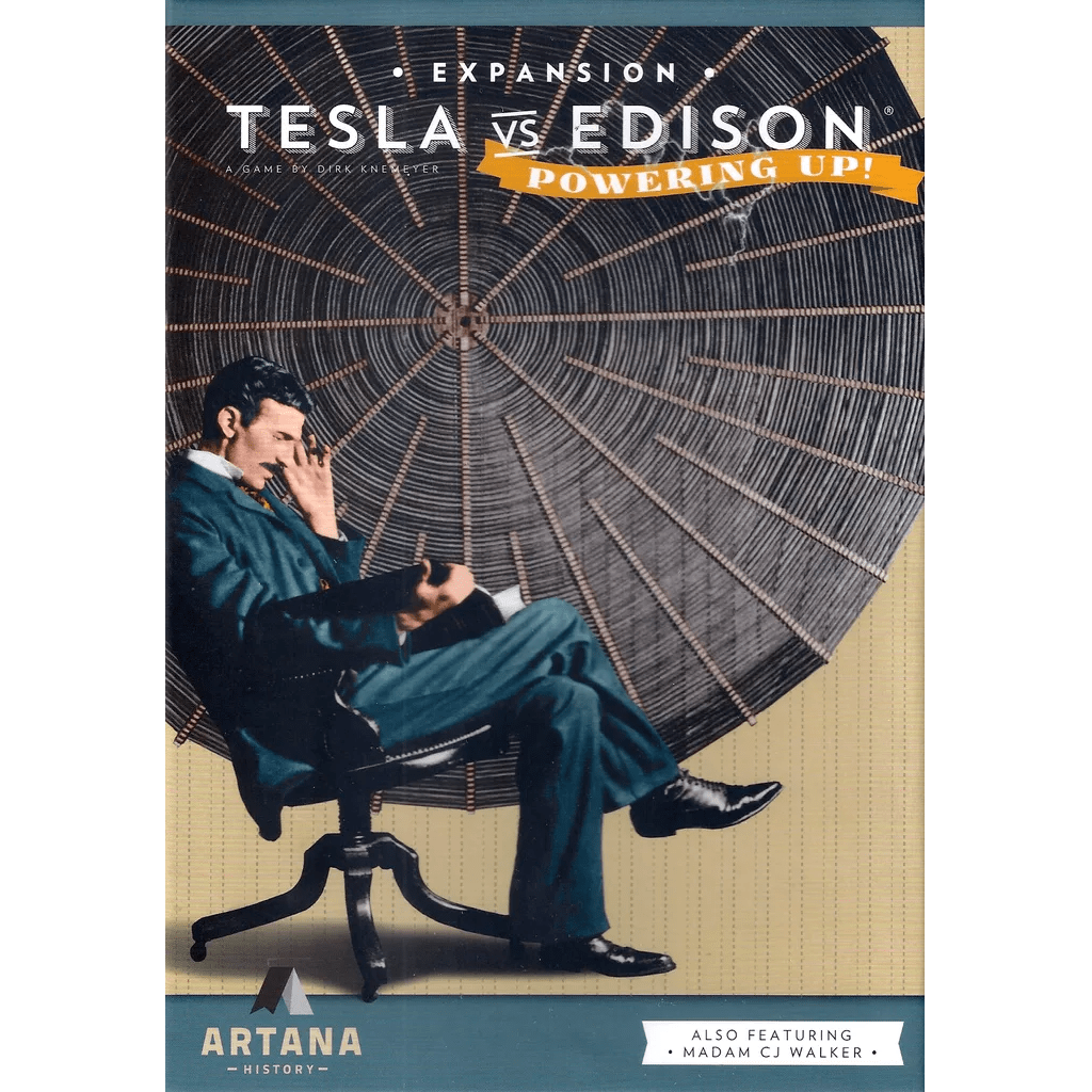 A man in a suit sits reading with one leg crossed before a large coil under the text "Tesla vs Edison: Powering Up!" and "Also featuring Madam C.J. Walker." It's the Artana Tesla vs. Edison: Powering Up! Bundle expansion box cover.