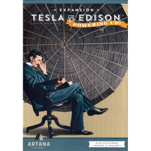 A man in a suit sits reading with one leg crossed before a large coil under the text "Tesla vs Edison: Powering Up!" and "Also featuring Madam C.J. Walker." It's the Artana Tesla vs. Edison: Powering Up! Bundle expansion box cover.