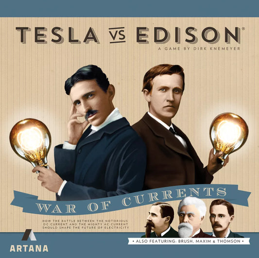 On the Artana Tesla vs. Edison: War of Currents Bundle box, two men in suits—one with a light bulb—face forward, with smaller portraits of three others below and electricity-themed graphics in the background.