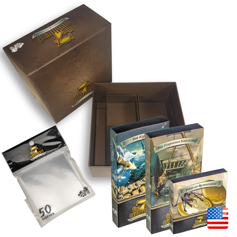 An open board game box with organized compartments displays easy card storage. Three Serious Poulp’s The 7th Continent: Curses Pack Expansion boxes, a 50-pack of card sleeves, and a small U.S. flag icon are shown beside it.