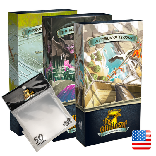 Three vibrant boxes from Serious Poulp’s “The 7th Continent” series, including the “What Goes Up Must Come Down Expansion - Classic Edition,” plus a pack of 50 card sleeves and a small U.S. flag in the lower right corner.