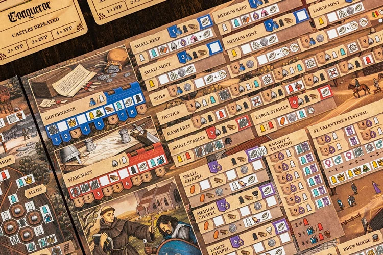 A close-up of The Anarchy by Renegade Game Studios, a medieval strategy game featuring illustrated boards filled with colorful tokens, icons, and cards showing castles, weapons, and characters.
