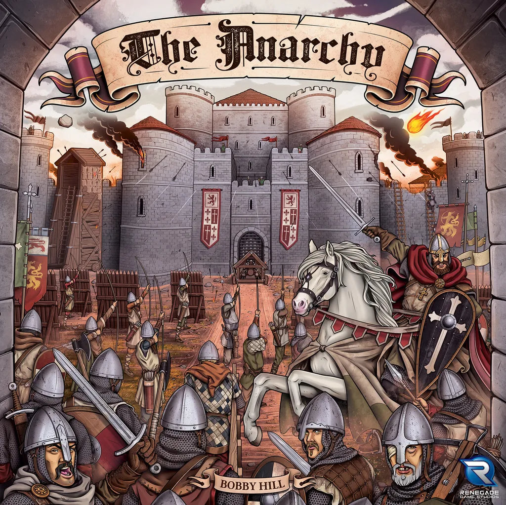 Illustration of a medieval castle siege with armored knights, archers, and a white horse amid flames. A banner reads “The Anarchy,” capturing chaos from Empress Matilda in Renegade Game Studios’ The Anarchy board game.