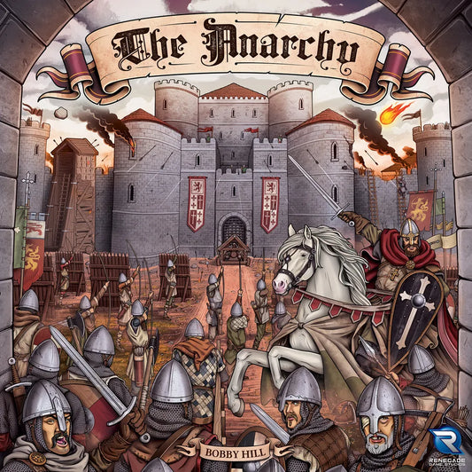 Illustration of a medieval castle siege with armored knights, archers, and a white horse amid flames. A banner reads “The Anarchy,” capturing chaos from Empress Matilda in Renegade Game Studios’ The Anarchy board game.