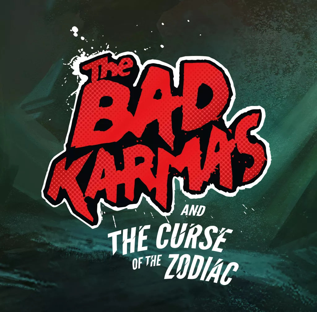 The image showcases Pegasus Spiele’s cooperative board game, The Bad Karmas and The Curse of the Zodiac, with bold red comic-style text, white splatter accents, and a dark textured background.