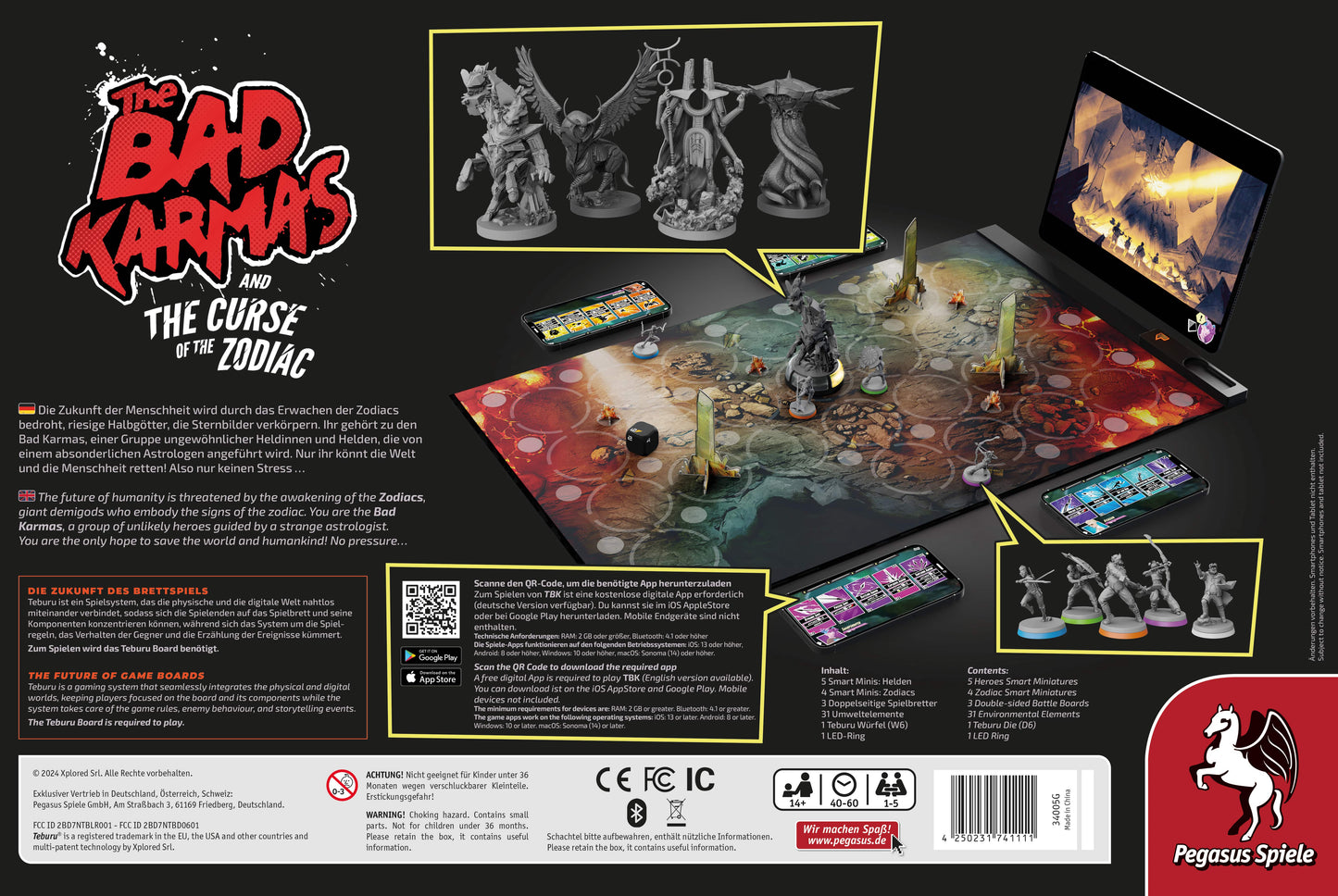 Board game setup for The Bad Karmas and The Curse of the Zodiac by Pegasus Spiele, featuring painted miniatures, a vibrant board, cards, tokens, dice, digital tablet display, and Teburu platform. Pegasus Spiele logo shown in the corner.