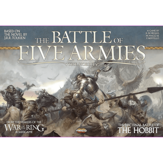 The Battle of Five Armies box cover by Ares Games features armored warriors and creatures in a smoky, chaotic battlefield, with the game’s title and credits to Tolkien and War of the Ring designers prominently displayed.