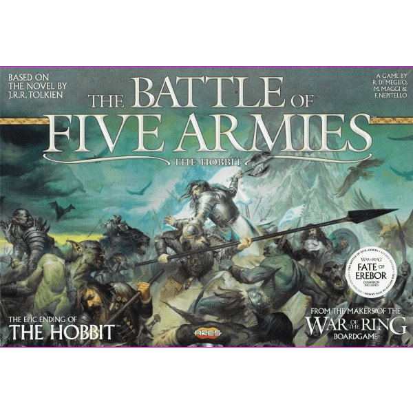 Box cover art for The Battle of Five Armies (including The Fate of Erebor Expansion) by Ares Games, a War of the Ring series game inspired by Tolkien’s The Hobbit, features an epic fantasy battle scene with warriors and creatures. Title and credits overla