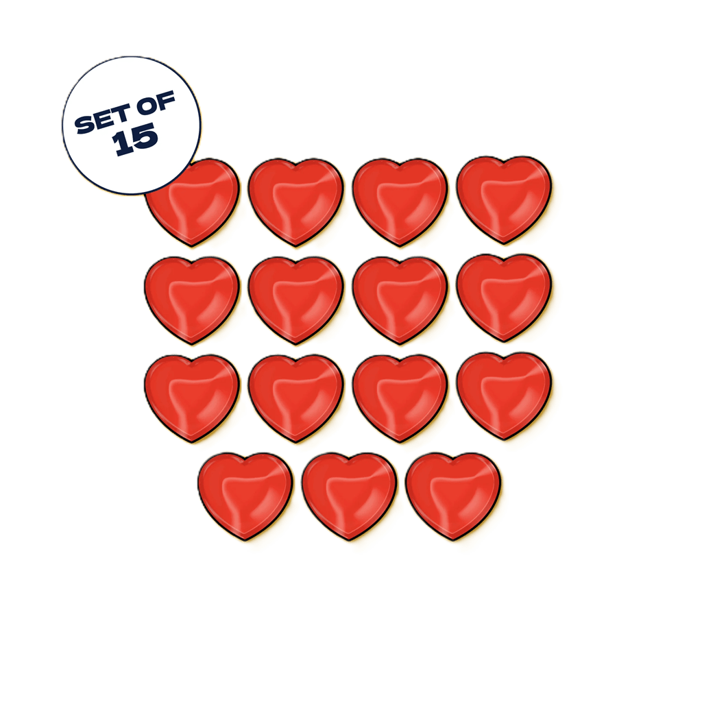 Fifteen shiny red The Binding of Isaac: Four Souls Heart Tokens by Maestro Media are arranged in a grid on a white background, with a circular label in the top left reading "Set of 15"—ideal as accessories or game tokens.