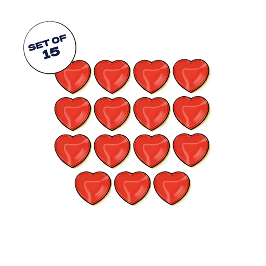 Fifteen shiny red The Binding of Isaac: Four Souls Heart Tokens by Maestro Media are arranged in a grid on a white background, with a circular label in the top left reading "Set of 15"—ideal as accessories or game tokens.