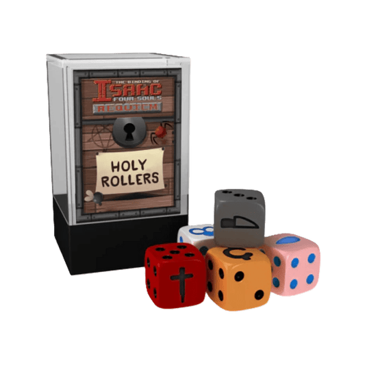A box labeled The Binding of Isaac: Four Souls Rollers Dice Bundle by Maestro Media stands next to five custom dice, each displaying unique symbols and vibrant colors.