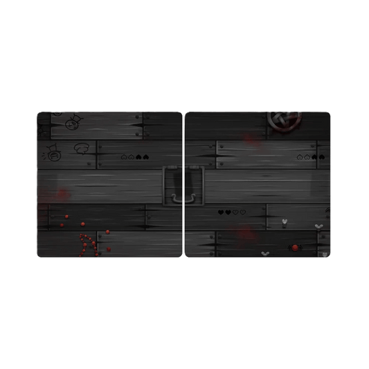 The Binding of Isaac: Four Souls Requiem 4-Player Mat by Maestro Media features two dark wooden sections with faded Isaac-themed hearts, red splatters, and symbols. Centered square outlines make it perfect for your next gaming session.