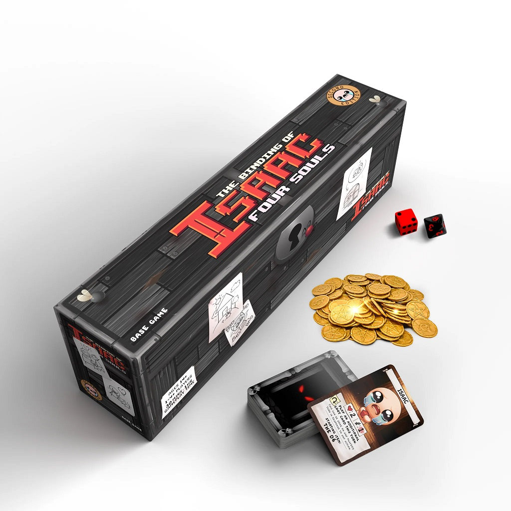 Rectangular box of Maestro Media’s The Binding of Isaac: Four Souls Second Edition tabletop card game shown with two dice, gold coins, and a deck of illustrated cards on a white background.