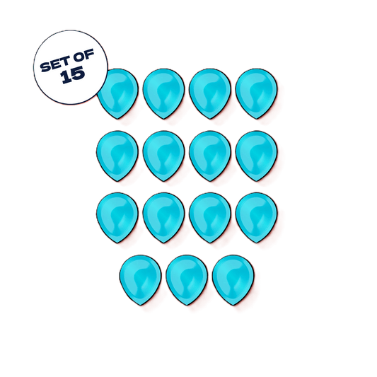 A set of 15 blue balloon icons from Maestro Media’s The Binding of Isaac: Four Souls Tear Tokens, arranged in a grid with a circular "SET OF 15" label at the top left.