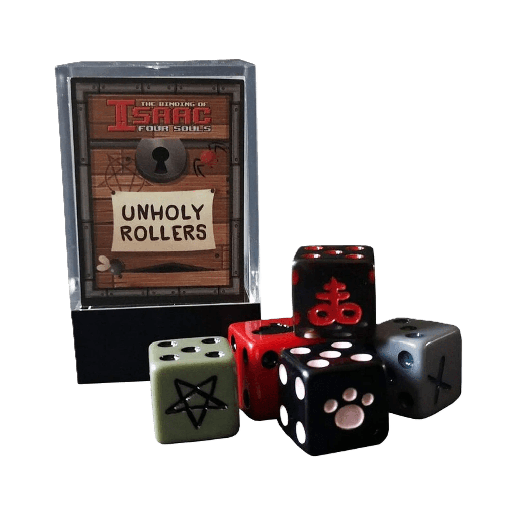 The Binding of Isaac: Four Souls Rollers Dice Bundle by Maestro Media includes six colorful custom dice with unique symbols and a cardholder, all displayed on a white background.