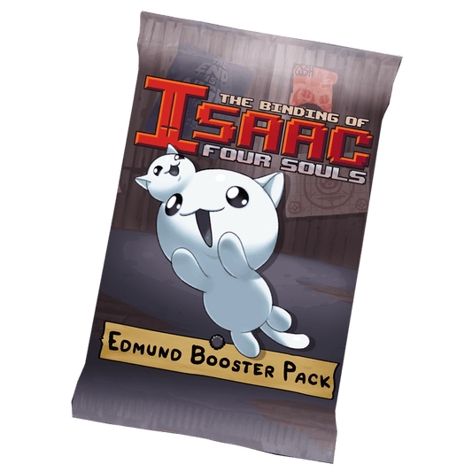 The Maestro Media The Binding of Isaac: Four Souls – Edmund Booster Pack card pack features a cute, cartoonish white character holding a smaller cat-like figure from the game.