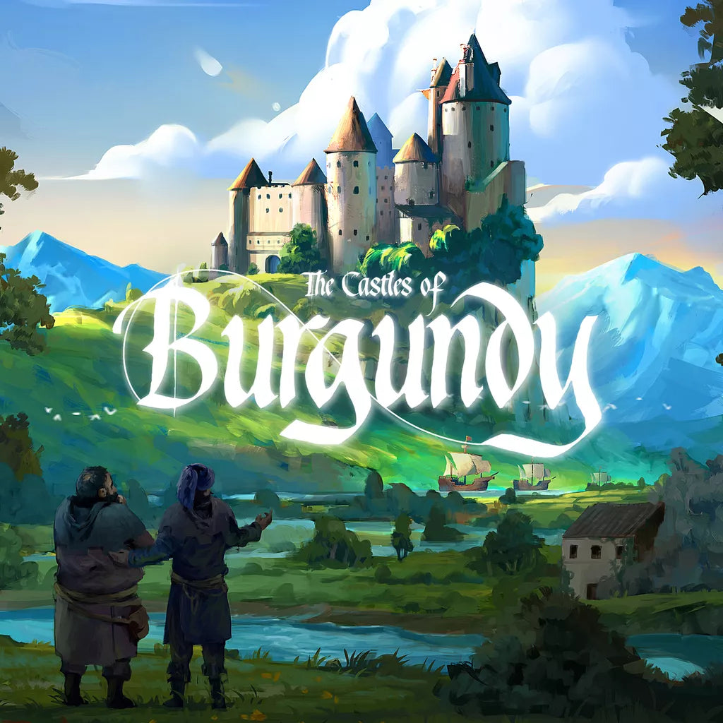 Two people stand on a grassy hillside, pointing toward a grand castle in the distance. The Castles of Burgundy Special Edition by Ravensburger appears in glowing script across the scene.