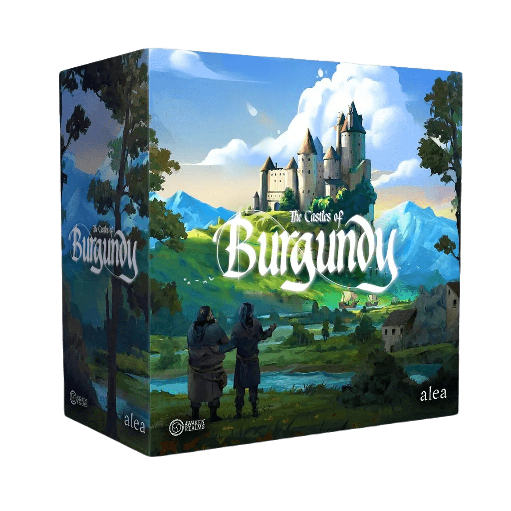 The image shows the box for The Castles of Burgundy Special Edition German Version by Ravensburger. The cover features a grand castle on a hill, green landscape, and two people by a river gazing at the castle.