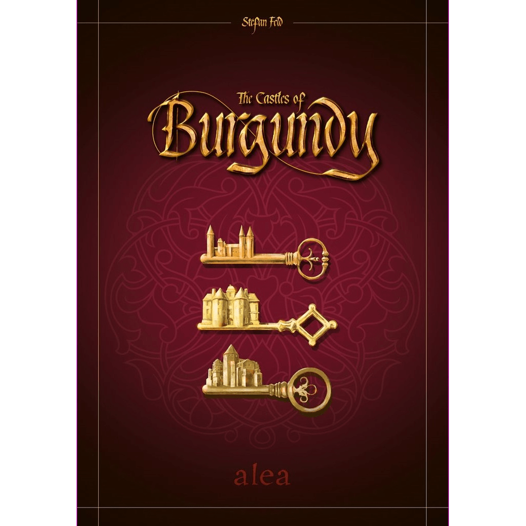 The Castles of Burgundy (20th Anniversary) - EN/DE/FR by Ravensburger features three ornate golden keys with castle designs on a dark red box cover, celebrating the classic board game with hints at possible expansions.
