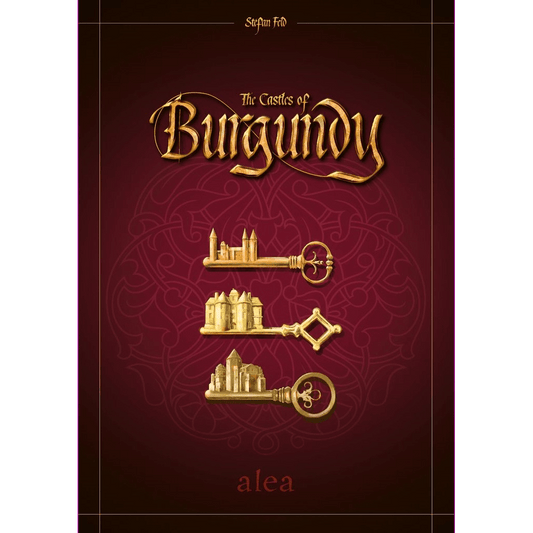The Castles of Burgundy (20th Anniversary) - EN/DE/FR by Ravensburger features three ornate golden keys with castle designs on a dark red box cover, celebrating the classic board game with hints at possible expansions.