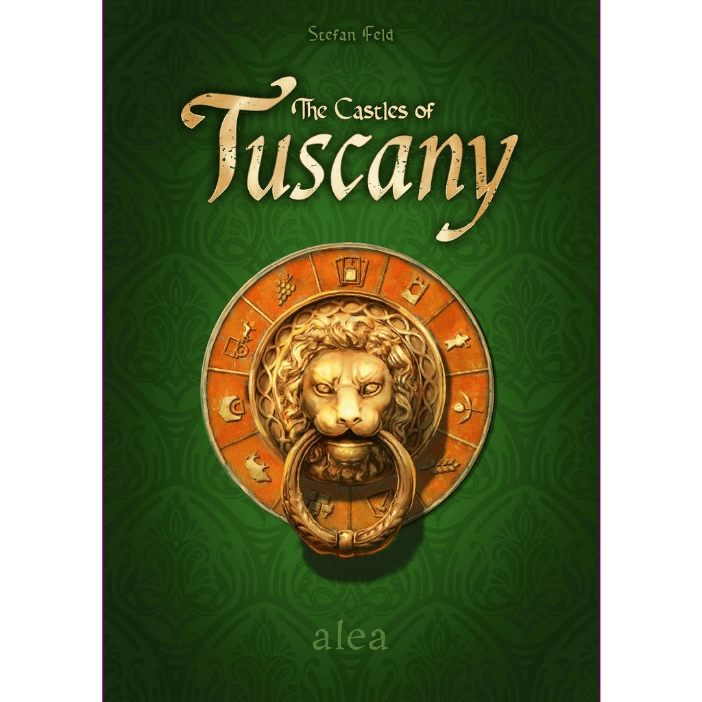 The Castles of Tuscany by Ravensburger features a golden lion’s head door knocker on a red circle, set against a green patterned background with the title in bold, ornate font.