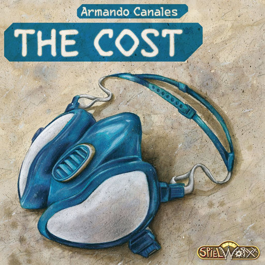 A blue and white respirator mask rests on a textured beige surface. Above it, "The Cost EN/DE" by Spielworxx is shown, hinting at an economic board game about the asbestos industry. The Spielworxx logo appears bottom right.