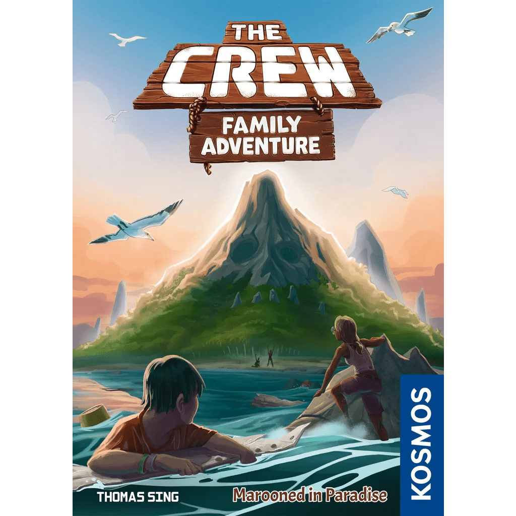 Two children on a small raft approach a lush island with a towering mountain. Seagulls fly overhead, as Kosmos’s cooperative board game, The Crew: Family Adventure, is featured in the scene.