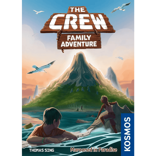 Two children on a small raft approach a lush island with a towering mountain. Seagulls fly overhead, as Kosmos’s cooperative board game, The Crew: Family Adventure, is featured in the scene.