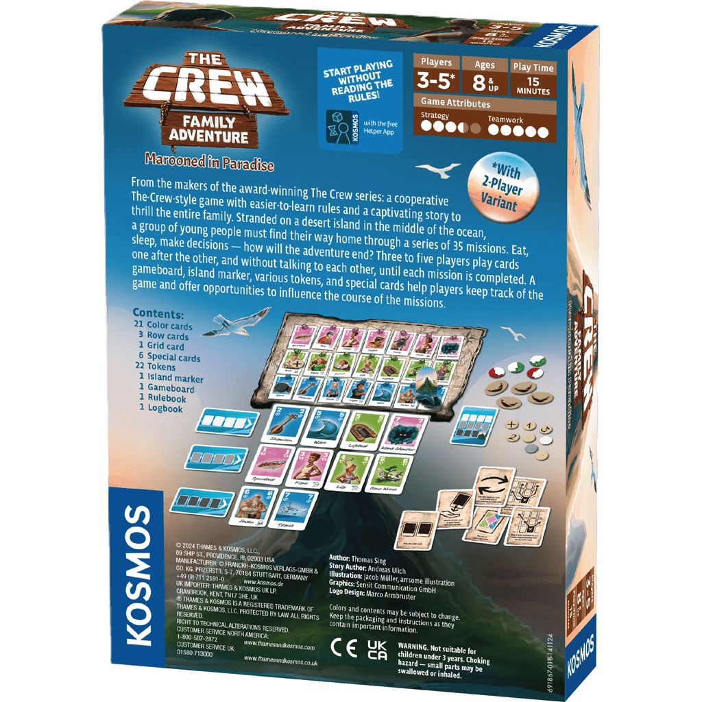 Back of The Crew: Family Adventure game box by Kosmos displays components, mission cards, tiles, player pieces, and a description of this cooperative family board game. Game details and player info are shown on the sides for easy reference.