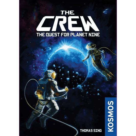 Two astronauts float in space near a glowing planet, reaching toward each other. The Crew: The Quest for Planet Nine, by Kosmos, is a cooperative trick-taking adventure board game set in space.