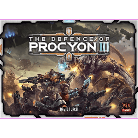 Box art for The Defence of Procyon III by PSC Games features armed soldiers and robots clashing with alien creatures on a chaotic, futuristic battleground. The title and designer’s name are displayed prominently at the top.