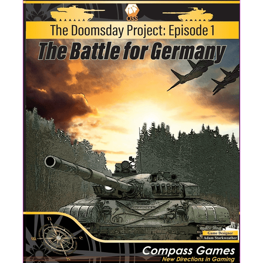 Board game cover for The Doomsday Project: Episode One – The Battle for Germany by Compass Games, showing a tank upfront, two jets above, and a dramatic sky with trees in the background.