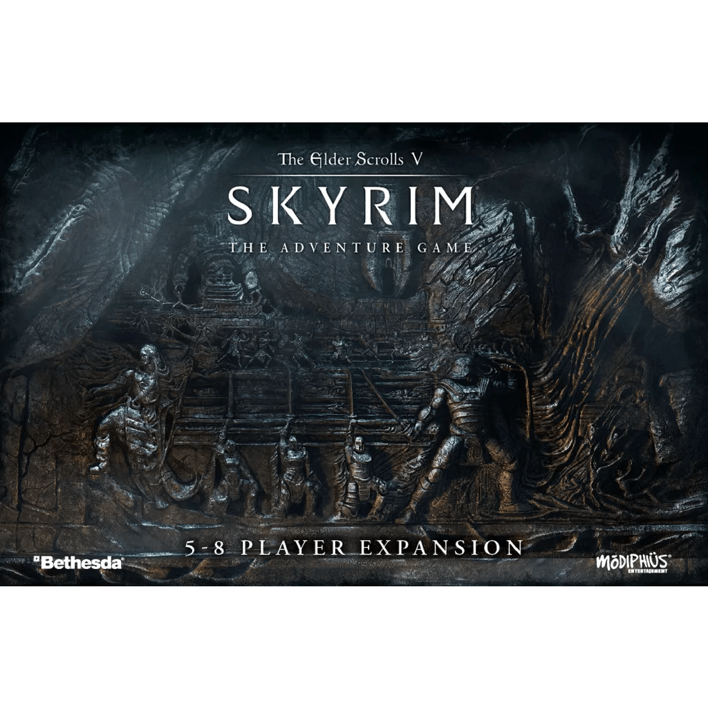 The image displays the cover of The Elder Scrolls V: Skyrim – The Adventure Game 5-8 Player Expansion by Modiphius Entertainment, featuring a stone relief of armored figures and dragons, with Bethesda and Modiphius logos at the bottom.