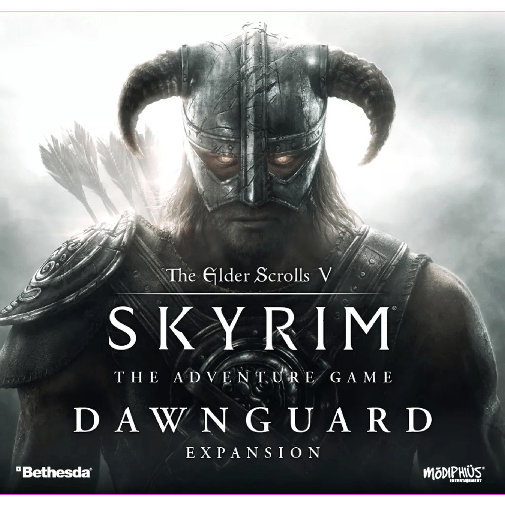 A warrior in horned armor stands in mist, facing forward. Text reads: The Elder Scrolls V: Skyrim – The Adventure Game Dawnguard Expansion. Modiphius Entertainment logo at the corner. Embark on an epic adventure.