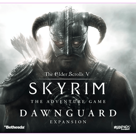 A warrior in horned armor stands in mist, facing forward. Text reads: The Elder Scrolls V: Skyrim – The Adventure Game Dawnguard Expansion. Modiphius Entertainment logo at the corner. Embark on an epic adventure.