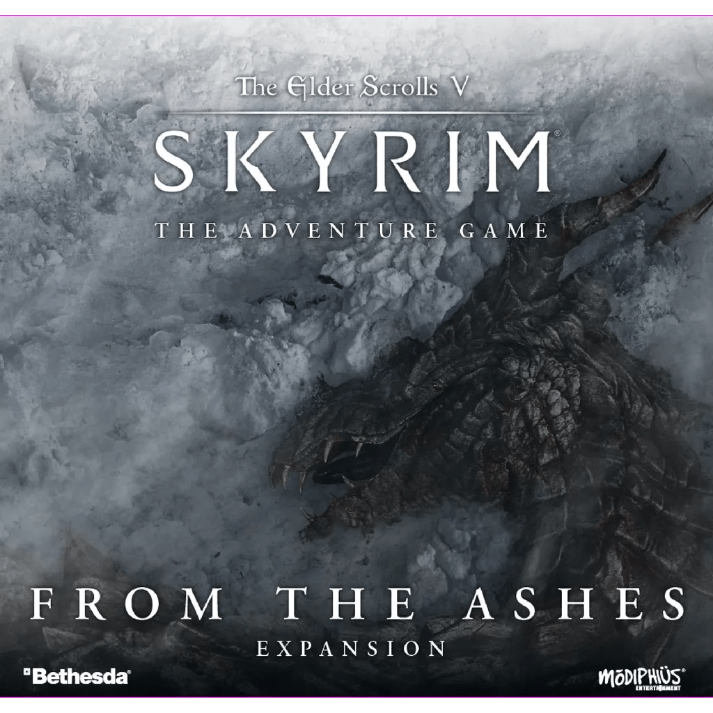 A partially buried dragon lies in snow with the text: The Elder Scrolls V: Skyrim – The Adventure Game From the Ashes Expansion. Modiphius Entertainment logo appears at the bottom corner.