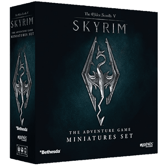 A black box with the Skyrim dragon emblem and "The Elder Scrolls V: Skyrim – The Adventure Game Miniatures Upgrade Set." Ideal for your board game, from Modiphius Entertainment, with their logo at the bottom.