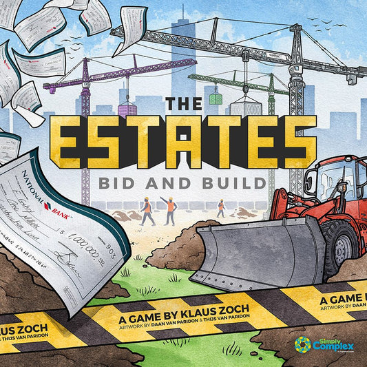 Box cover for The Estates by Capstone Games, showing cranes, workers, a bulldozer, papers like a zoning map, and a large check set before a city skyline. Title: The Estates: Bid and Build.