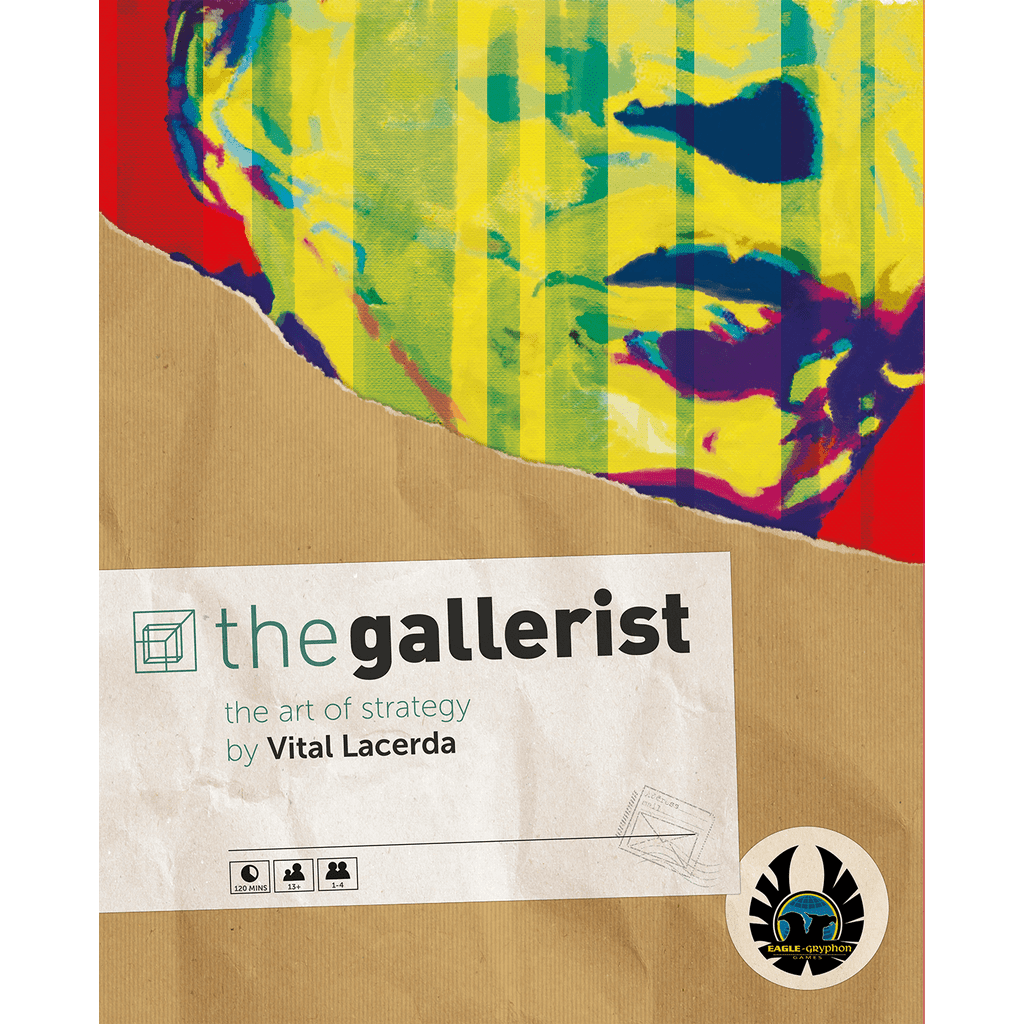 The cover of The Gallerist Complete Edition (includes Upgrade Pack & Scoring Expansion) by Eagle-Gryphon Games shows a vibrant, abstract face above a torn-paper title area, capturing its gallery management theme.