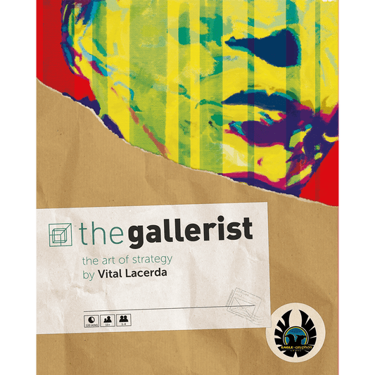 The cover of The Gallerist Complete Edition (includes Upgrade Pack & Scoring Expansion) by Eagle-Gryphon Games shows a vibrant, abstract face above a torn-paper title area, capturing its gallery management theme.