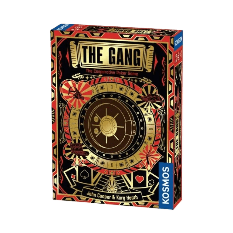 A vibrant box for The Gang by Kosmos features gold, red, and black art with a vault and playing cards. Designers John Cooper & Kory Heath are credited, with the Kosmos logo displayed on the side.