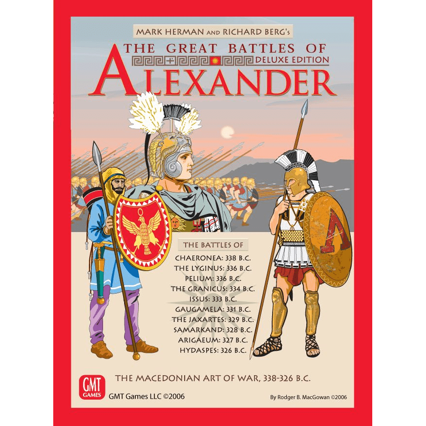 Board game cover for GMT Games' The Great Battles of Alexander: Deluxe Edition, featuring ancient Macedonian warriors, battle lists, and the subtitle "The Macedonian Art of War, 338-326 B.C.