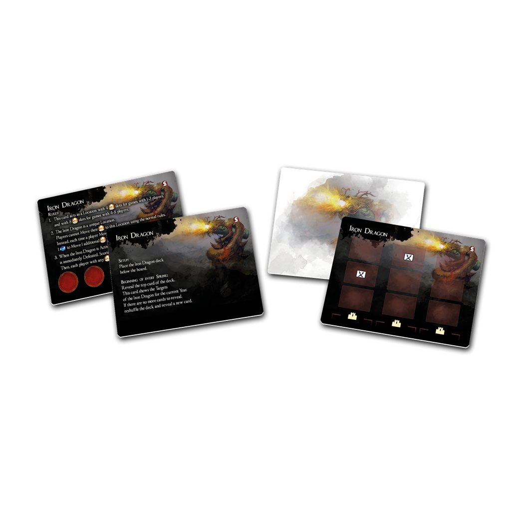 Four cards from Awaken Realms’ The Great Wall: Iron Dragon Blister Expansion are shown on a white background—three display the Iron Dragon with fire, text, and icons; one has a faded dragon. Ideal for board game fans who love epic battles!.